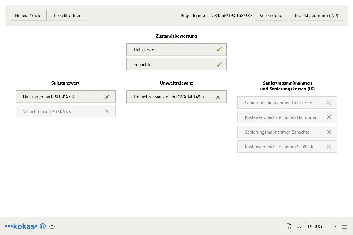 kokas-Oberfläche mit diversen Optionen zur Zustandsbewertung, dem Substanzwert, der Umwelrelevanz und den Sanierungsmaßnahmen und Sanierungskosten (IK)